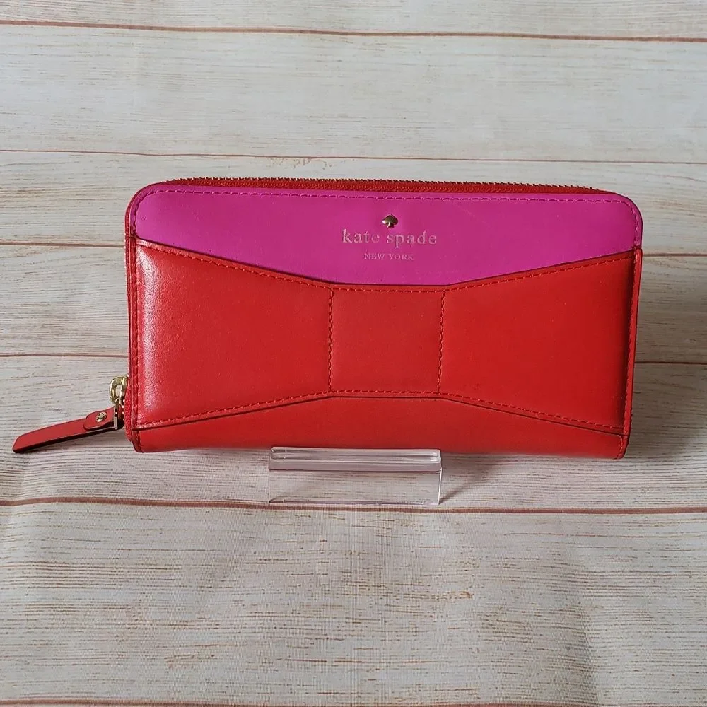 Kate Spade Leather Neda Bridge Place Zip Around Long Wallet Bow Pink Red